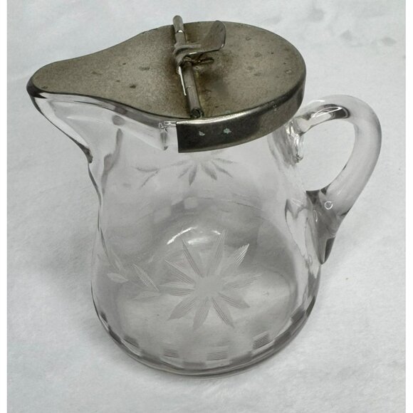 Vintage Glass Syrup Pitcher With Etched Floral Design & Hinged Metal Lid - Picture 9 of 10